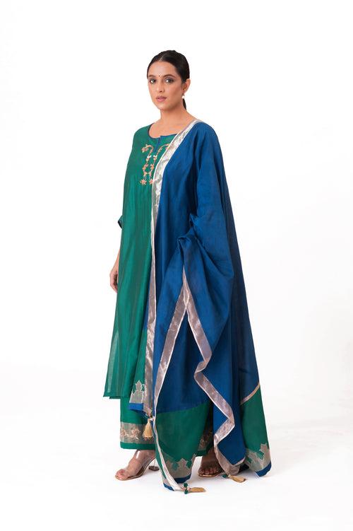 LILA - Emerald Green - Tissue Patch work Dupatta Kurta Set