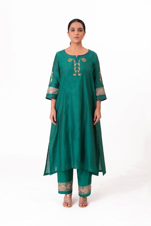 LILA - Emerald Green - Tissue Patch work Dupatta Kurta Set