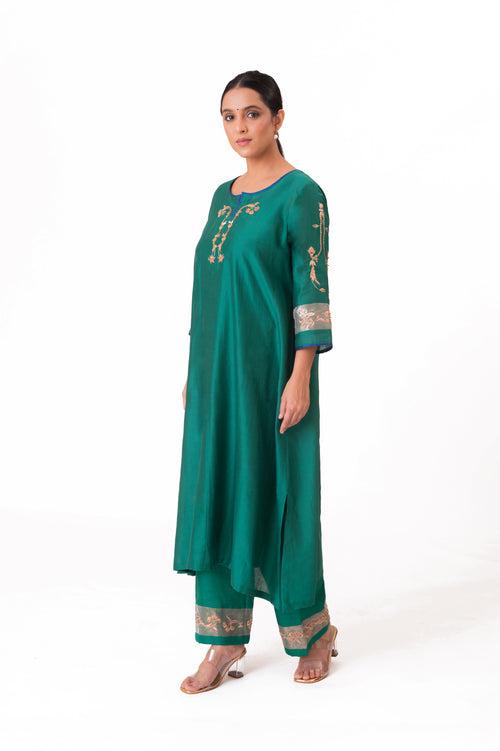 LILA - Emerald Green - Tissue Patch work Dupatta Kurta Set