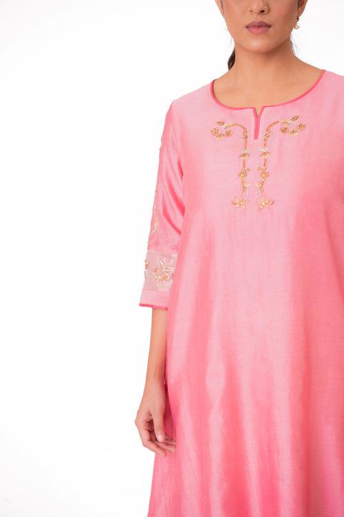 LILA - Lotus Pink - Tissue Patch work Dupatta Kurta Set