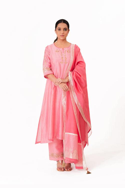 LILA - Lotus Pink - Tissue Patch work Dupatta Kurta Set