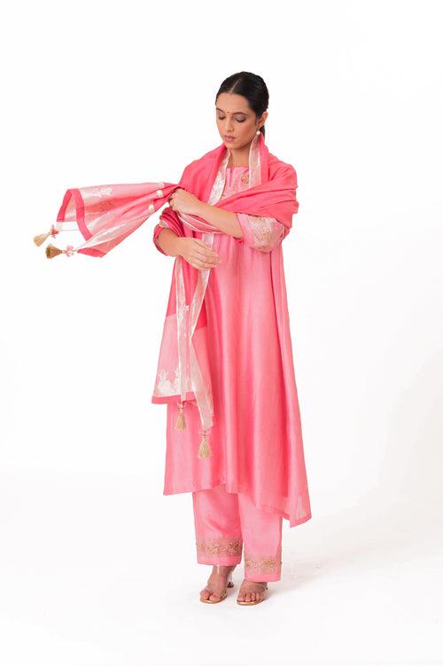 LILA - Lotus Pink - Tissue Patch work Dupatta Kurta Set