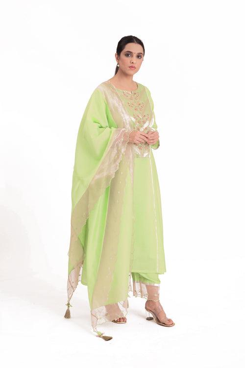 LILA - Pistachio Green - Banarasi Yoke Kurta Set