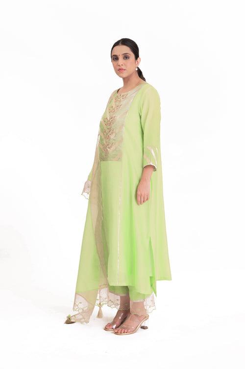 LILA - Pistachio Green - Banarasi Yoke Kurta Set