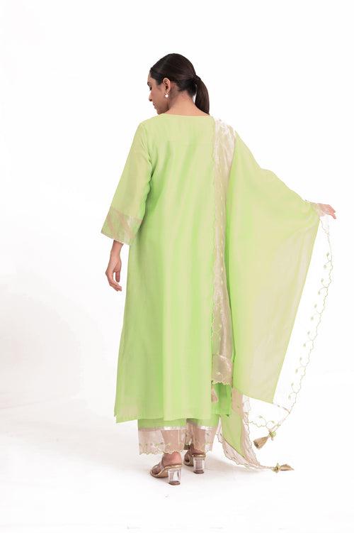 LILA - Pistachio Green - Banarasi Yoke Kurta Set