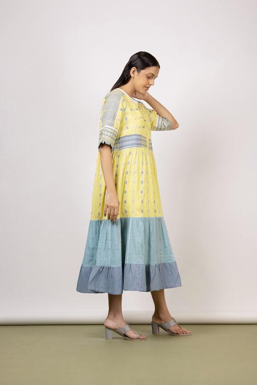 Limelight Yellow/Aquatic Blue Long Tier Midi Dress - Mélange