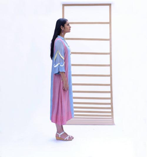 Long Shirt Dress - Sky Blue & Sunset Pink