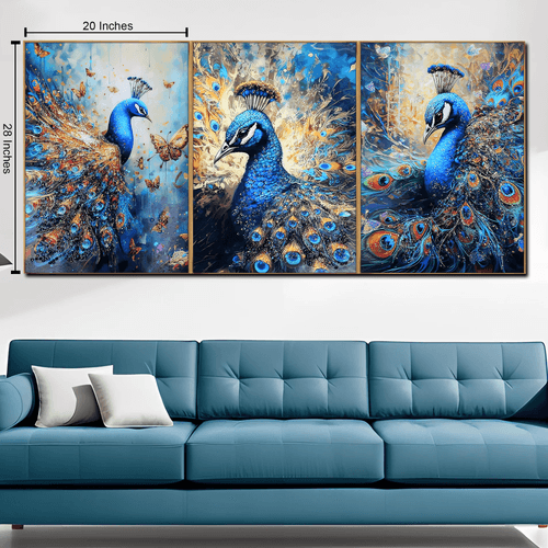 Enchanting Peacock Haven Crystal Glass Painting - Set Of 3