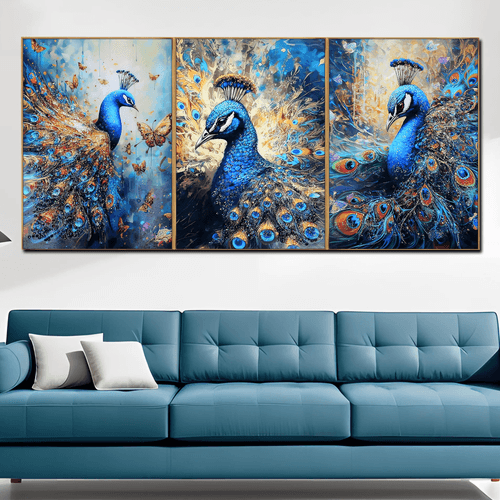 Enchanting Peacock Haven Crystal Glass Painting - Set Of 3