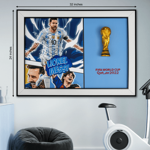 Lionel Messi With World Cup Trophy Protruding Out Shadow Box