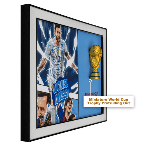 Lionel Messi With World Cup Trophy Protruding Out Shadow Box