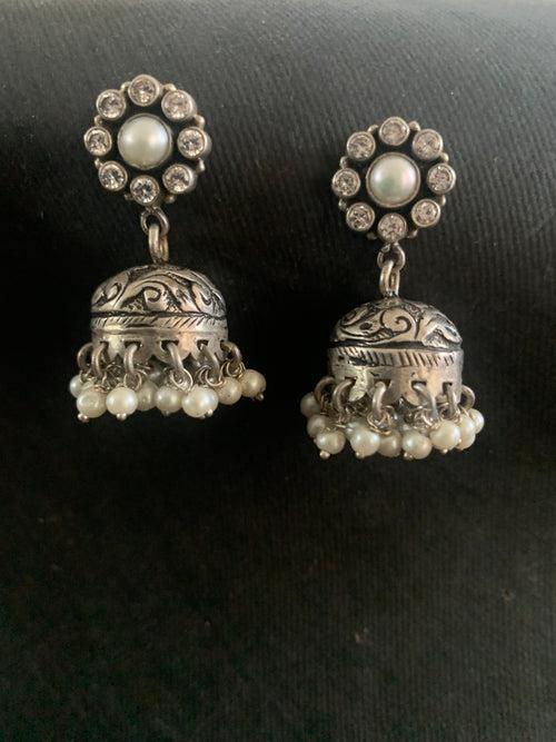 Pearl With Zircon Chitai Work Jhumka