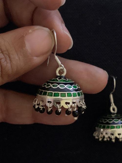 Green Black Silver Meenakari Jhumka