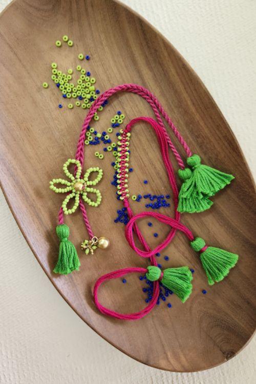 Miharu Green Pink Handmade Rakhi Lumba Set