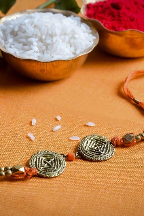 Miharu Handmade Dokra Orange Thread Rakhi Reusable Choker* Circle (RH09)