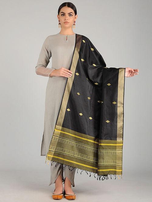 Black-Yellow Pure Silk Hand woven Dupatta (MIH039)