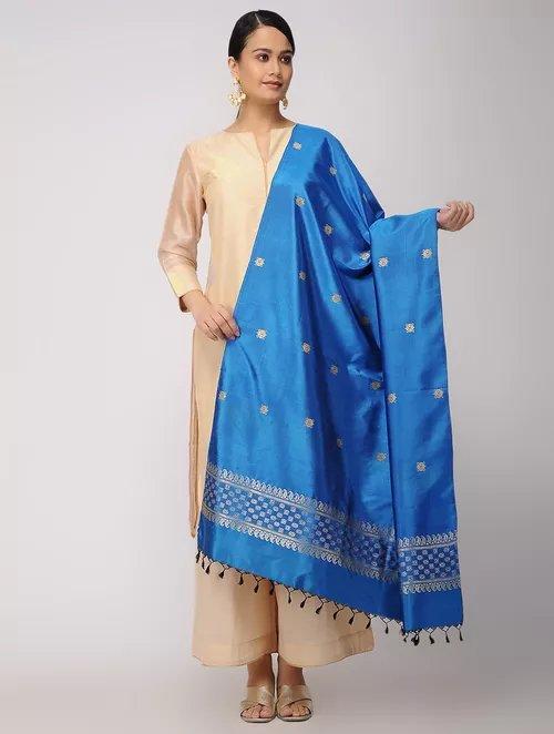 Royal Blue Pure Silk Hand woven Dupatta MIH045