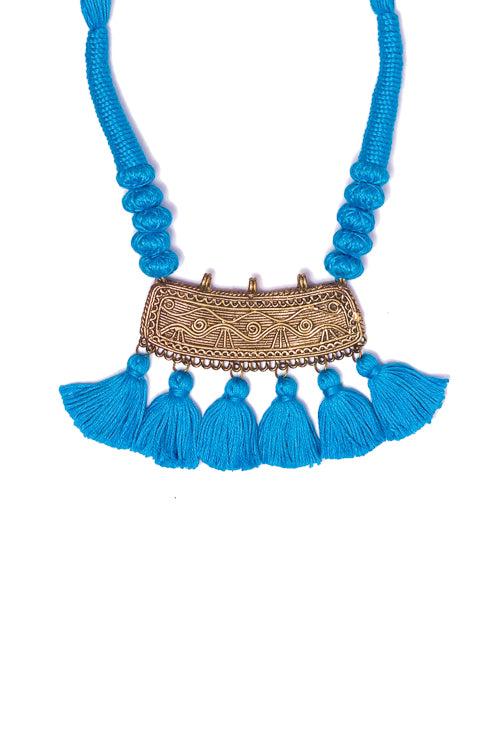 Sky Blue Gold Tone Dhokra Necklace D50c