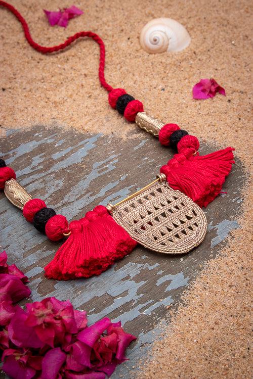 Red Black Brass Thread Matinee Necklace D59c