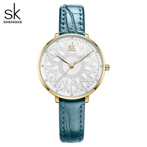 Shengke Women Watches Casual Flower Dial Japanese Quartz Movement Elegant Light Leather Watches for Women Leather Reloj Mujer