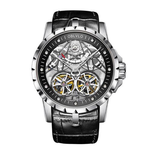 OBLVLO Luxury Transparent Hollow Men Skeleton Automatic Watches Sport Mechanical Double Flywheel Calfskin Leather Sapphire RM-E