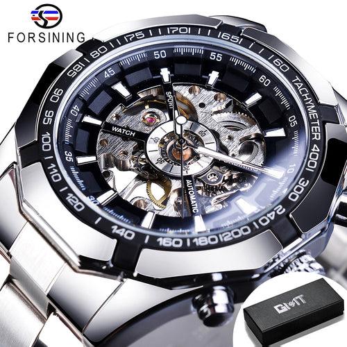 Forsining 2021 Stainless Steel Waterproof Mens Skeleton Watches Top Brand Luxury Transparent Mechanical Sport Male Wrist Watches