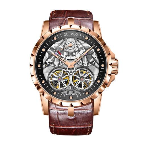 OBLVLO Luxury Transparent Hollow Men Skeleton Automatic Watches Sport Mechanical Double Flywheel Calfskin Leather Sapphire RM-E
