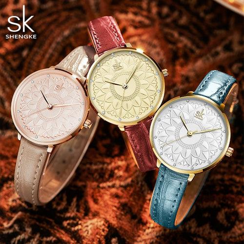 Shengke Women Watches Casual Flower Dial Japanese Quartz Movement Elegant Light Leather Watches for Women Leather Reloj Mujer