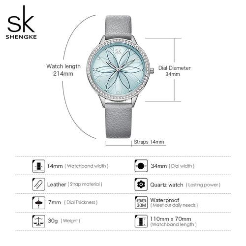 Shengke Women Watches Linear Flowers Surface Leather Watches Crystal Case Japan Quartz Movement Reloj Mujer Montres Femmes