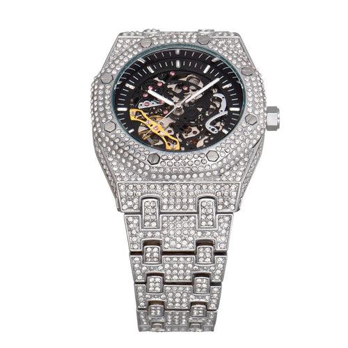 TOPGRILLZ Mechanical Luxury Rhinestones Watches White Gold Shine Mens Watches Stainless Steel Watch Quality Business Watch