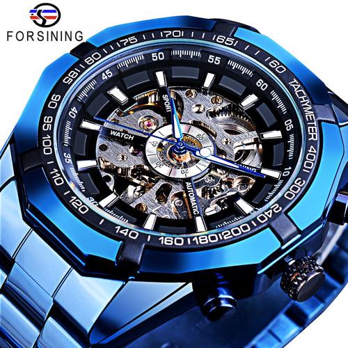 Forsining 2021 Stainless Steel Waterproof Mens Skeleton Watches Top Brand Luxury Transparent Mechanical Sport Male Wrist Watches