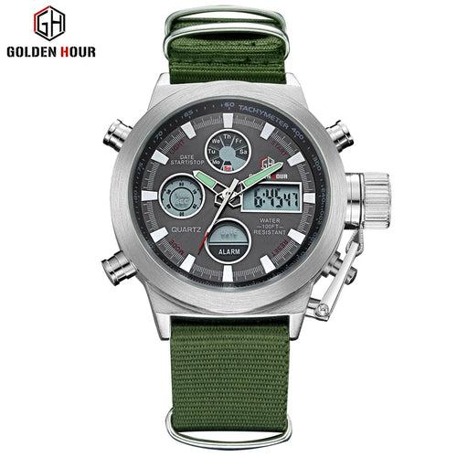 GOLDENHOUR Top Luxury Brand Outdoor Sport Watch Men Army Canvas Watches Auto Date Display Quartz Wristwatch Relogio Masculino