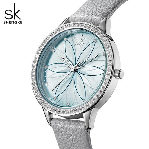 Shengke Women Watches Linear Flowers Surface Leather Watches Crystal Case Japan Quartz Movement Reloj Mujer Montres Femmes