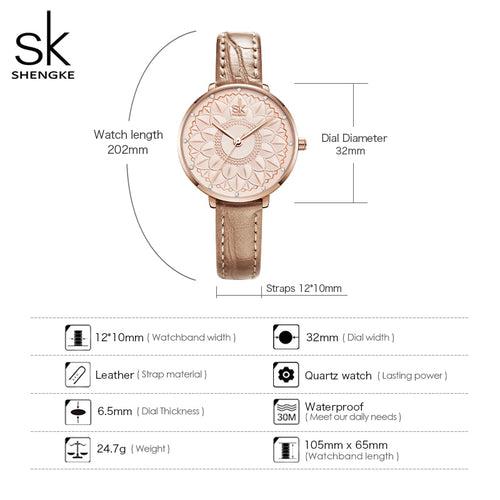 Shengke Women Watches Casual Flower Dial Japanese Quartz Movement Elegant Light Leather Watches for Women Leather Reloj Mujer