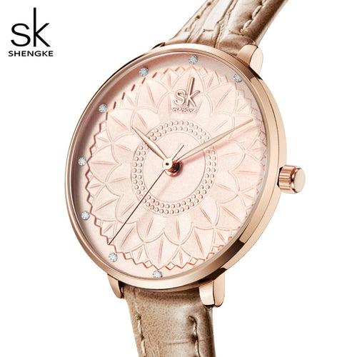 Shengke Women Watches Casual Flower Dial Japanese Quartz Movement Elegant Light Leather Watches for Women Leather Reloj Mujer