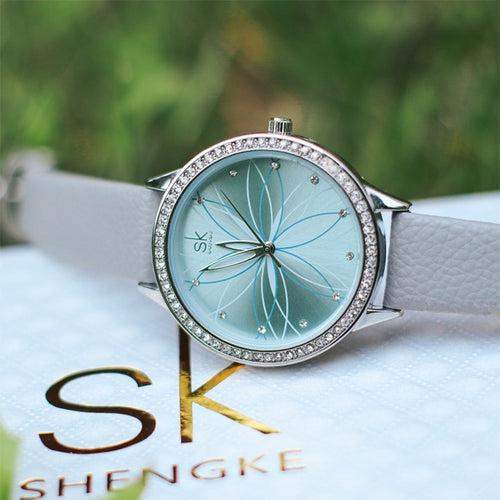 Shengke Women Watches Linear Flowers Surface Leather Watches Crystal Case Japan Quartz Movement Reloj Mujer Montres Femmes