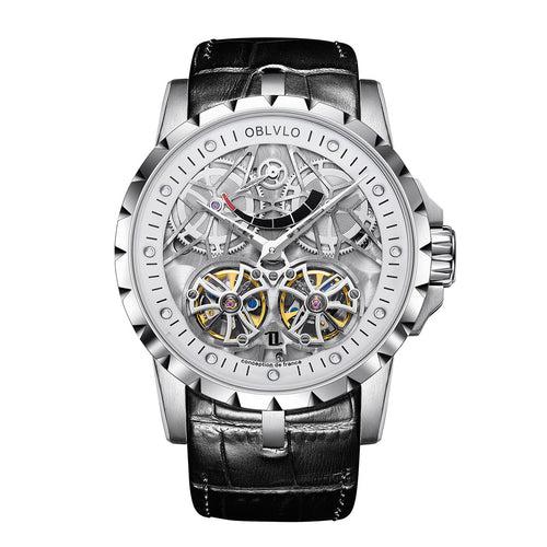 OBLVLO Luxury Transparent Hollow Men Skeleton Automatic Watches Sport Mechanical Double Flywheel Calfskin Leather Sapphire RM-E