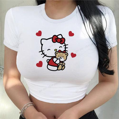 Hello Kitty Printed Women T-shirts Harajuku 2023 New Tops Casual Tee Summer Short Sleeve Graphic Female  Slim Tshirt for Women