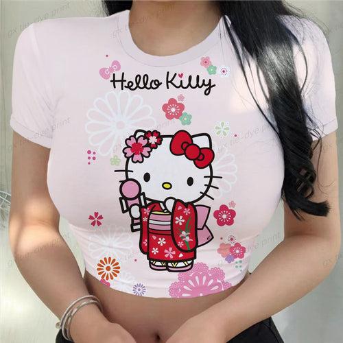 Hello Kitty Printed Women T-shirts Harajuku 2023 New Tops Casual Tee Summer Short Sleeve Graphic Female  Slim Tshirt for Women