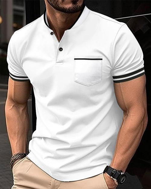 Men's Solid Standing Collar Pocket Short Sleeved