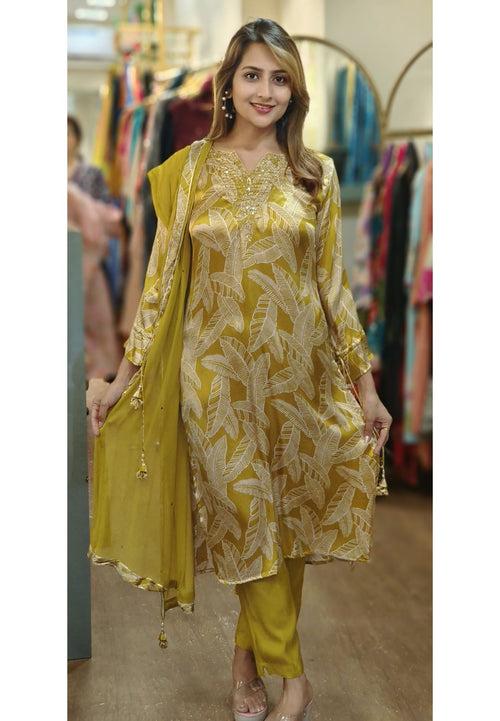 V-neck zari work embroidery gajji silk floral print full set with chiffon dupatta DRY WASH-03537}