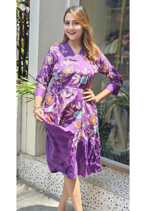 Purple Floral Cotton V -neck printed Knee Length Collar Frock with 3/4th Sleeves