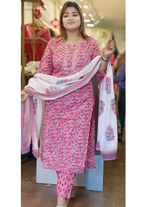 Cotton Printed  Embroidered Neck  Full Suit with Cotton Dupatta