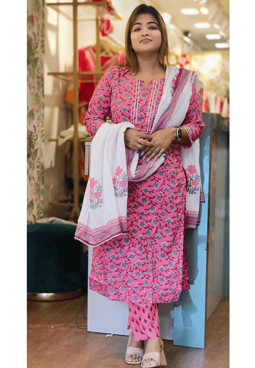 Cotton Printed  Embroidered Neck  Full Suit with Cotton Dupatta