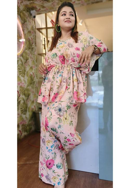 Printed Loose Fit Floral Embroidered Kaftan With Pant Set of 2-