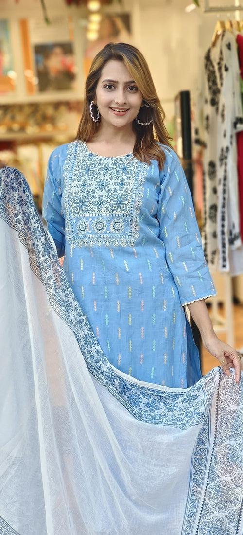 Ice Blue cotton emroidered Neck printed Full Suit Set and Dupatta 05163