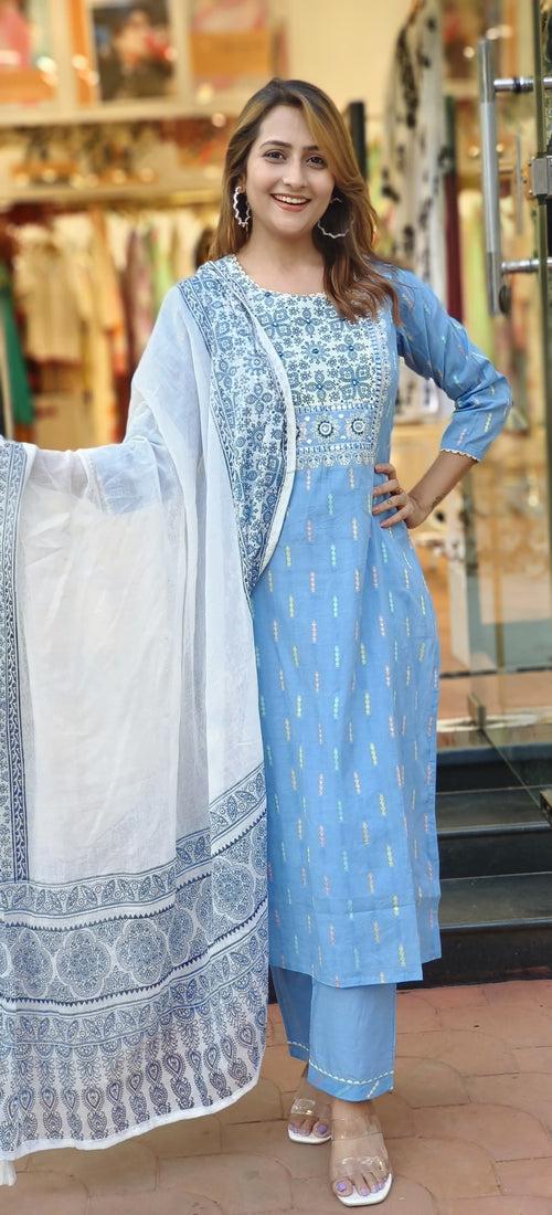 Ice Blue cotton emroidered Neck printed Full Suit Set and Dupatta 05163