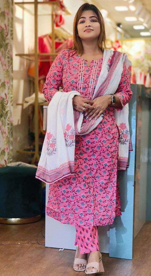 Cotton Printed  Embroidered Neck  Full Suit with Cotton Dupatta
