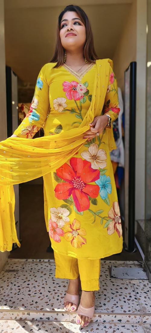 Pure crape Yellow Floral embroidered lining  full suit set with Chiffon dupatta 04920 Lean Fit