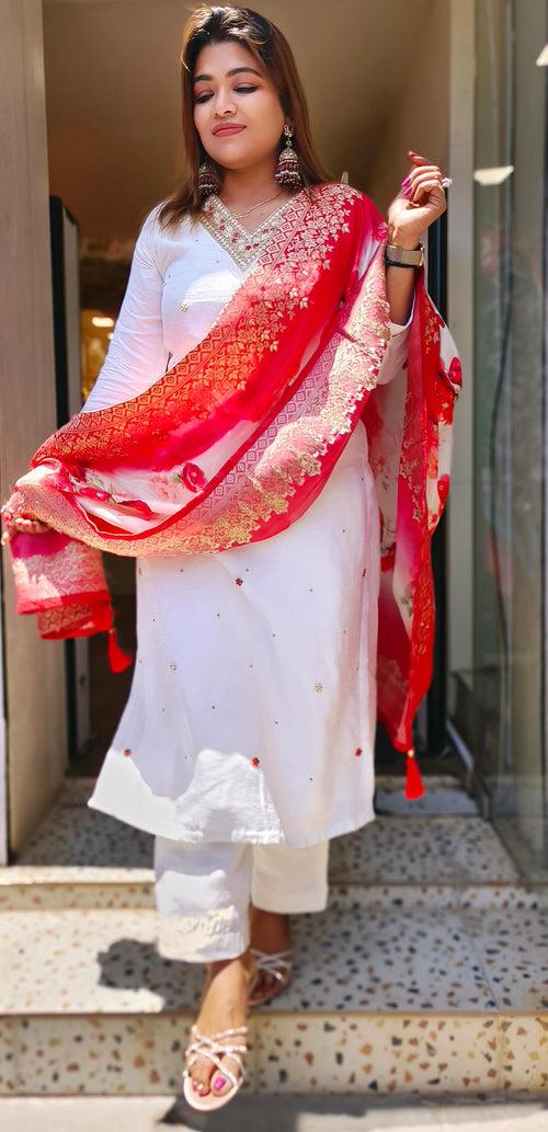 Elegant White embroidered  full suit set with Beautiful Floral Banarasi dupatta 04834